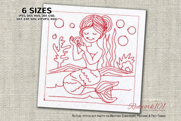 Mermaid Girl Sitting on Sand Redwork