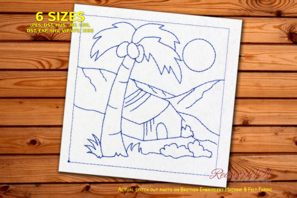 Wooden Hut with Palm Tree Redwork